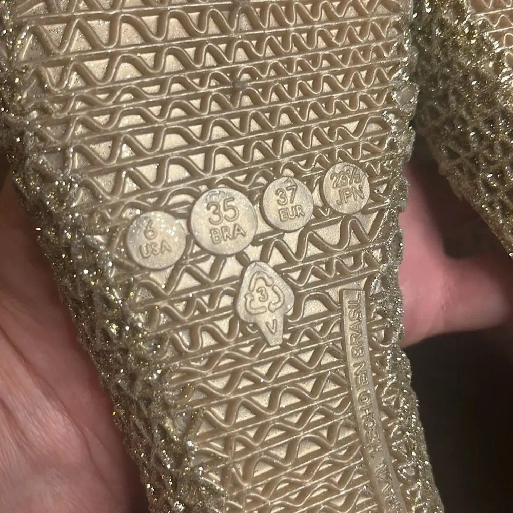 Melissa Gold Glitter Campana Papel Jelly Ballet Flats, size 6